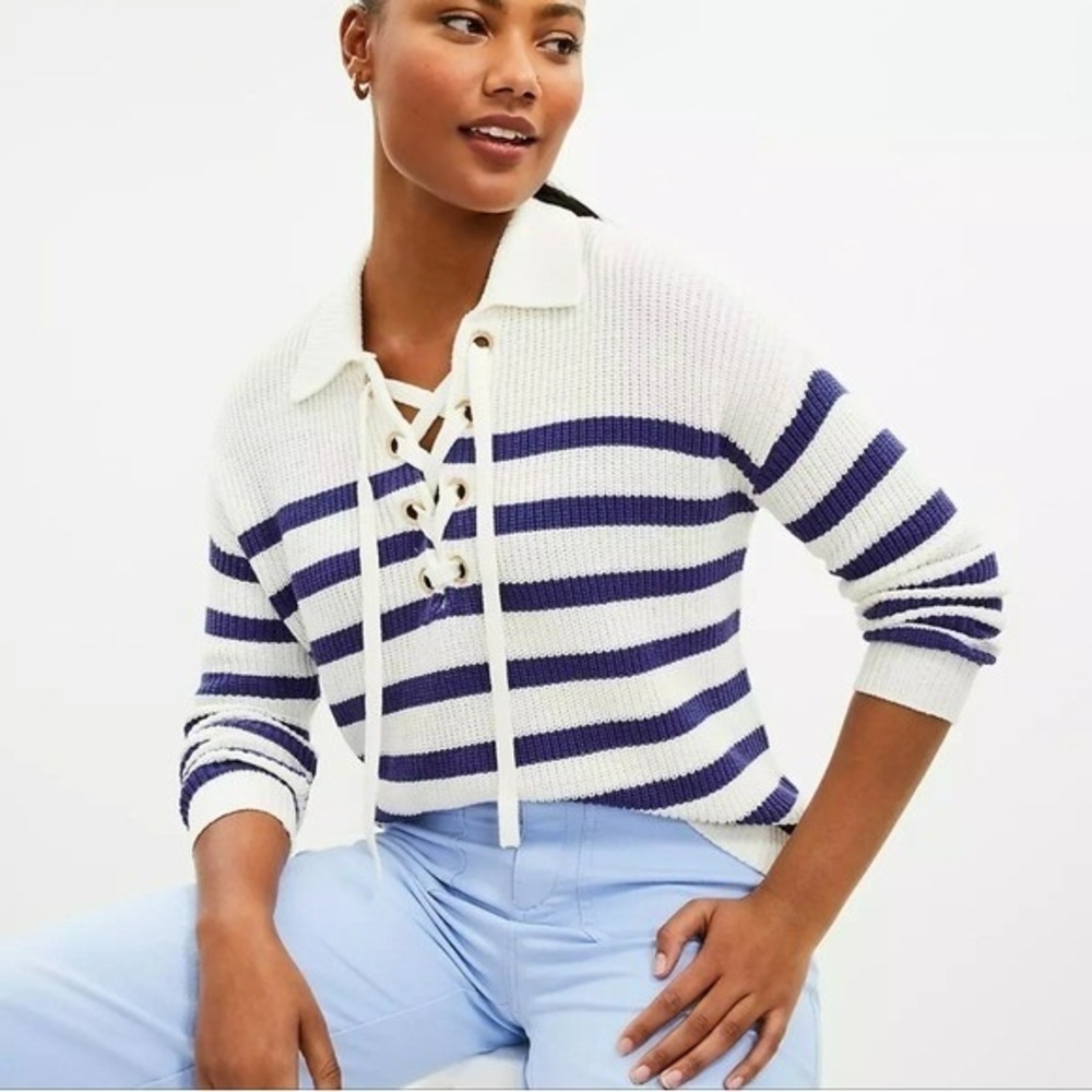 Ann Taylor Loft NEW Striped Lace Up Polo Sweater Navy White Nautical SZ Large - Picture 1 of 11